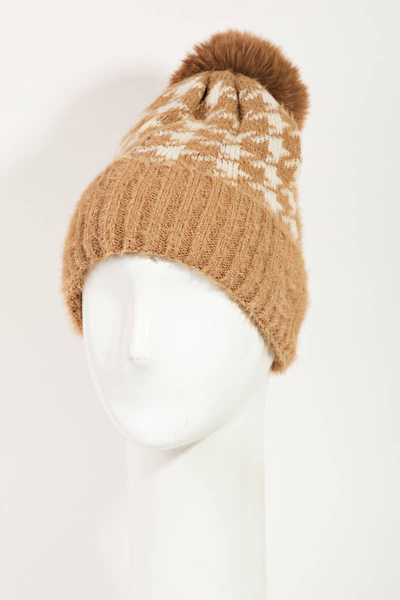 Houndstooth Print Beanie- Khaki