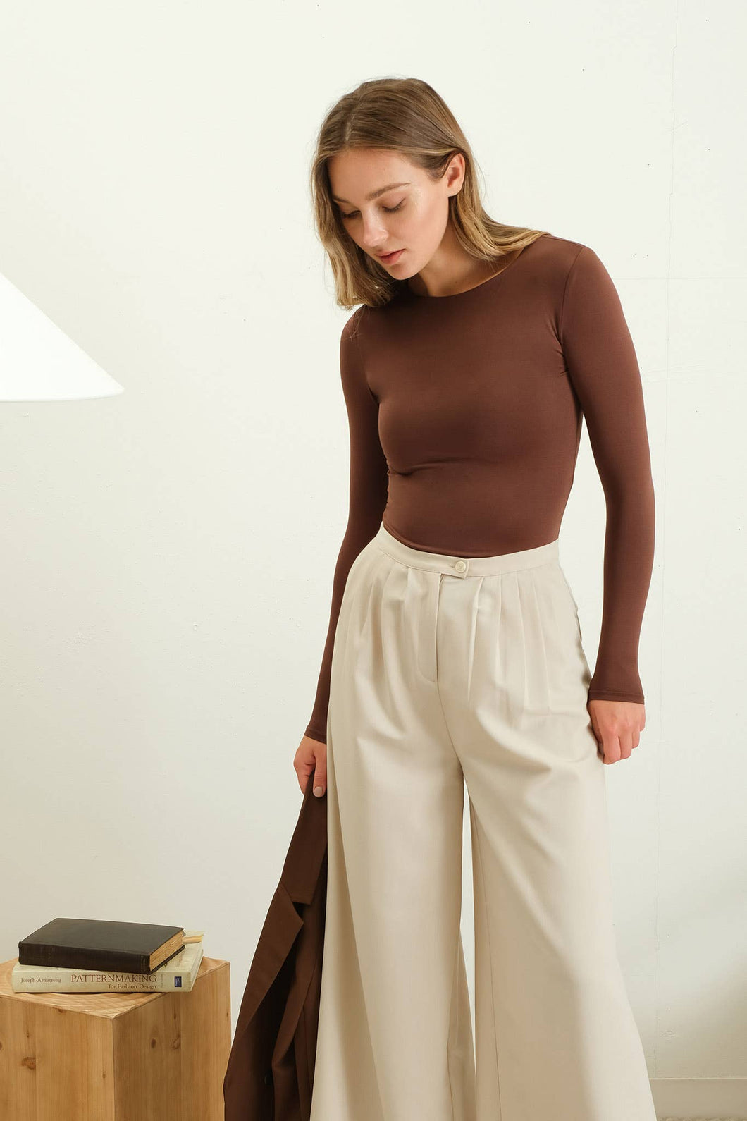 Brown ROUND NECK LONG SLEEVE FITTED KNIT TOP