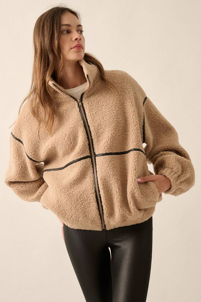 Faux Leather-Trimmed Sherpa Fleece Zip-Up Jacket