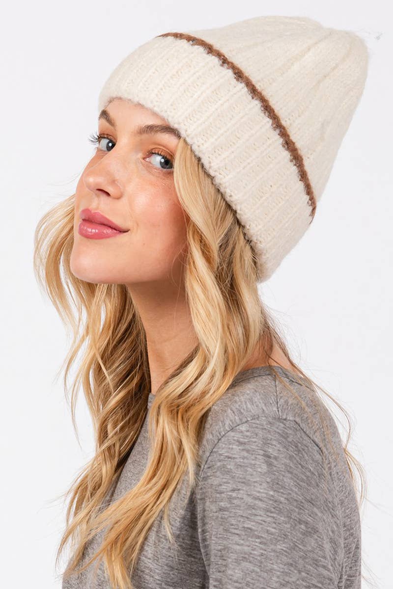 Stripe Detail Fuzzy Beanie